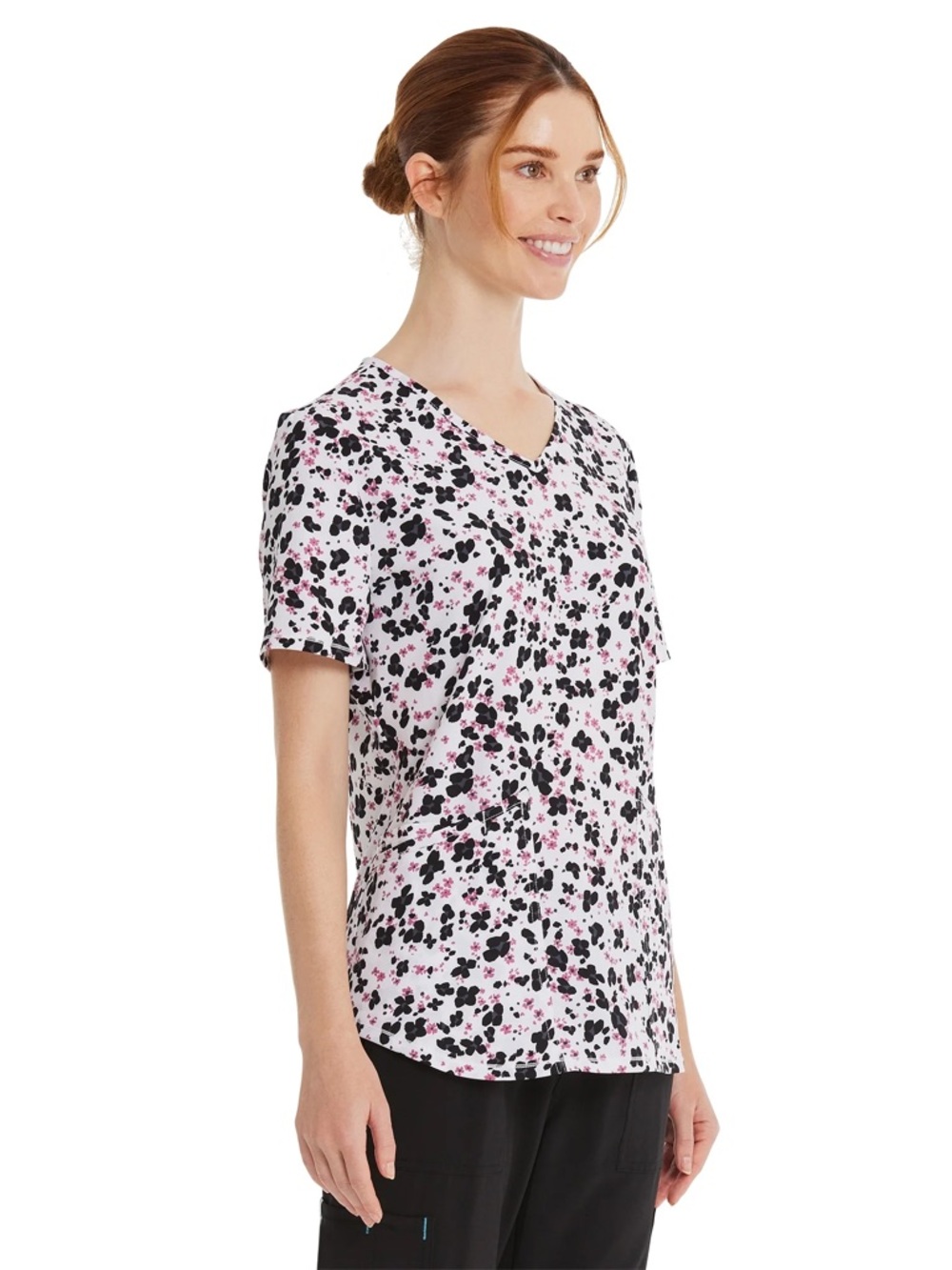 Scrubstar Floral V-Neck Short Sleeve Top - White, Black & Pink(007)
